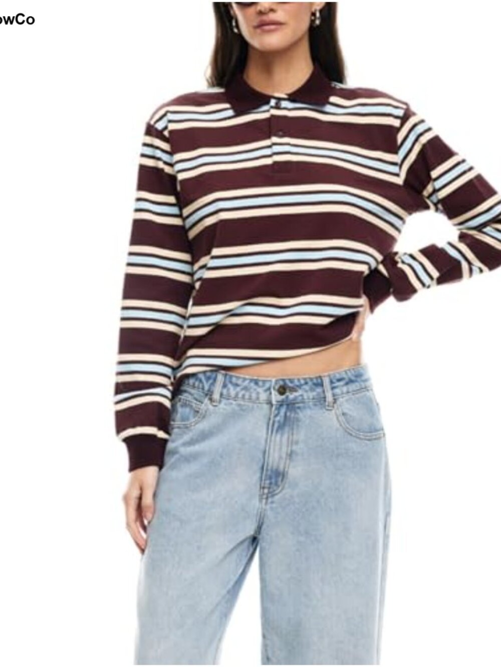 Oversized Striped Rugby Polo Shirt Long Sleeve Y2K Preppy Pullover Women - Picture 2 of 6